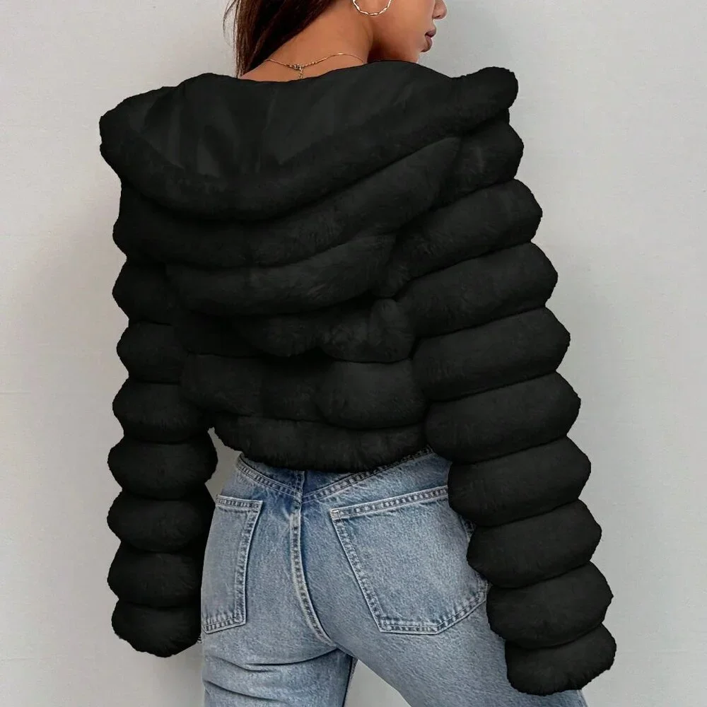 Black Casual Women's Fluffy faux fur Hooded Cropped Jacket - Picture 2 of 7